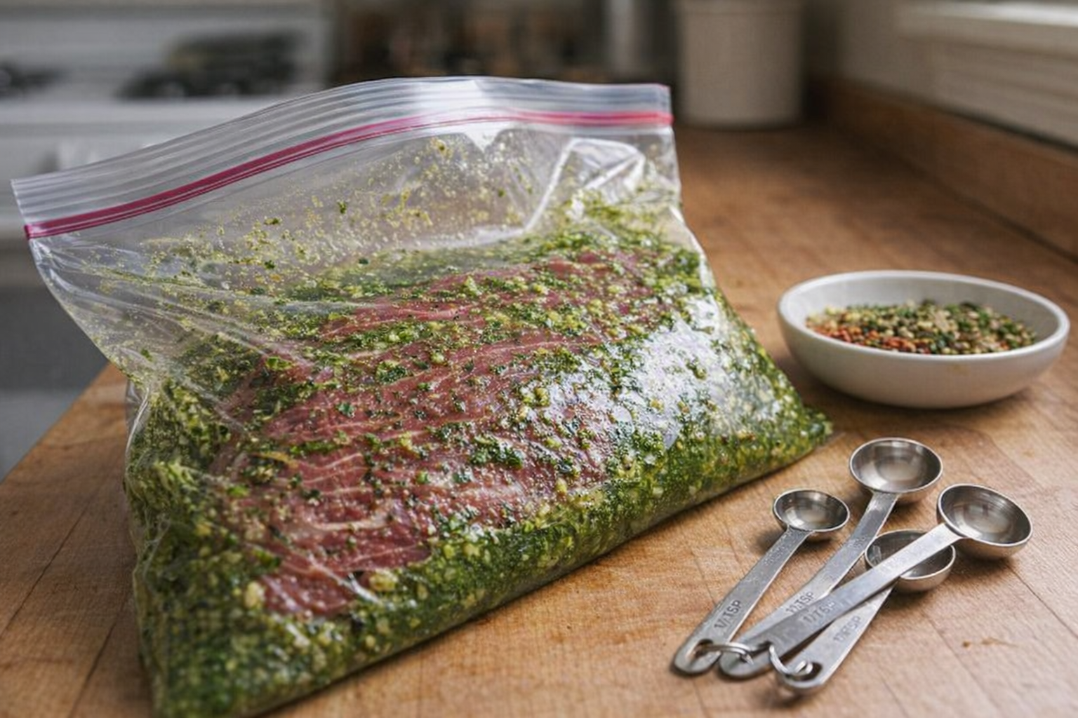 A close-up shot of raw flank steak in a ziplock bag with a vibrant green marinade, next to measuring spoons and a bowl of spices.
